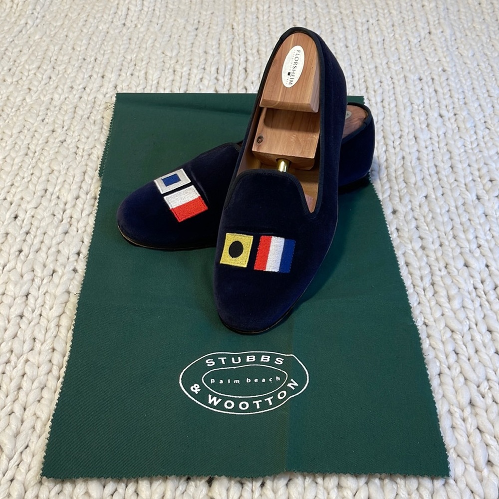 Stubbs & Wootton Blue Velvet Nautical Flag “S.H.I.T” slippers Sz. 9.5